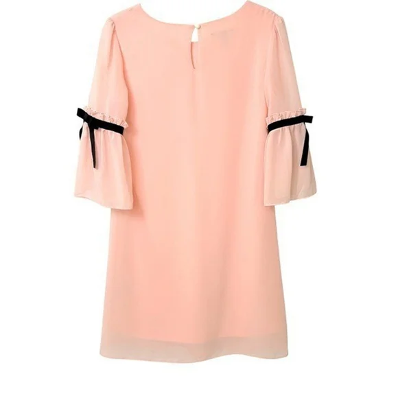 Y2K Ally B. Dainty Feminine Pink PolyChiffon Dress S Bow Bell Sleeve Fairy - Picture 2 of 10